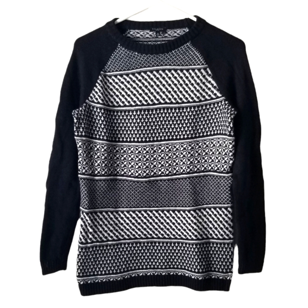 Talbots Lambwool Blend Black & White Argyle Print Sweater Size SP
